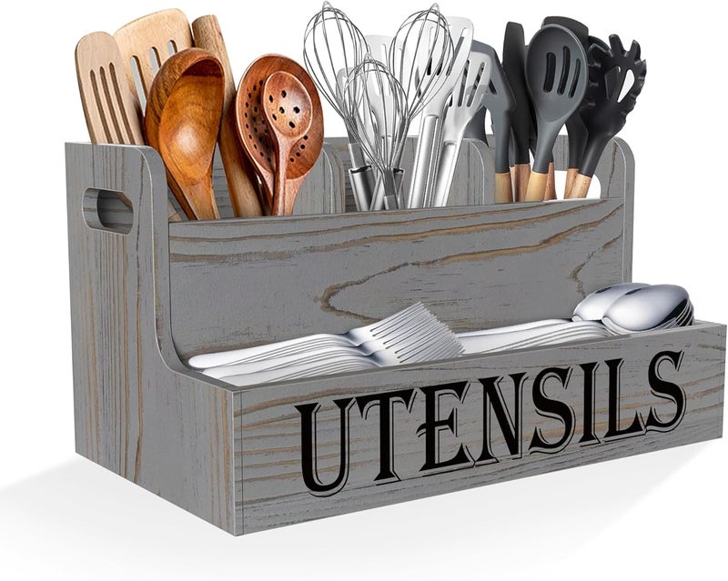 Suli Kitchen Utensils Holder, White Wooden Utensil Organizer for Kitchen Countertop, Farmhouse Utensil Storage, Rustic Cooking Utensils ,4 Compartments,- Grey Grain - Image 1